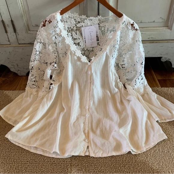 New Boho White Lace Festival Button Front Blouse Top Boho Romantic Shirt - Picture 5 of 7